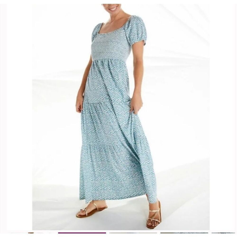 Daily Practice Anthropologie Blue and White Chevron smocked tiered Maxi Dress Si